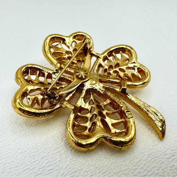 🟢 5/$20 VTG Gerry’s Gold 4-Leaf Clover Brooch Pearl SIGNED Pin Boho Four Leaf - Picture 6 of 13